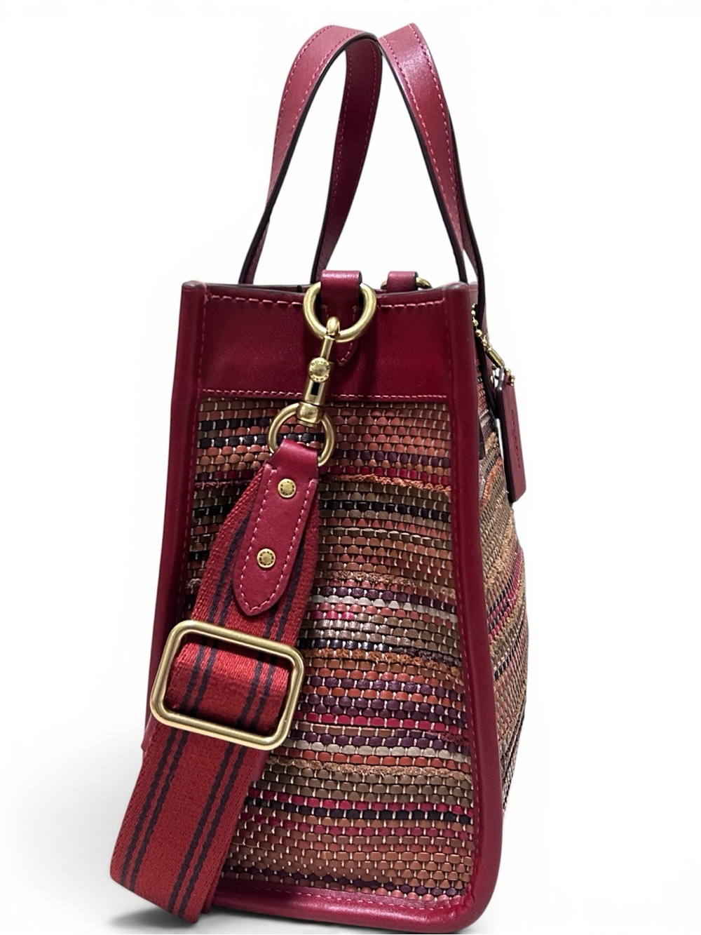COACH Field Tote 22 Upwoven Leather & Smooth Leather in Brick Red w/XBody Strap - Picture 2 of 10